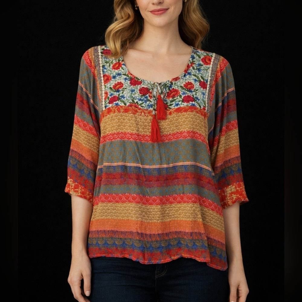 LATITUDE 10 Floral Mixed Print Colorful Bohemian Peasant Top